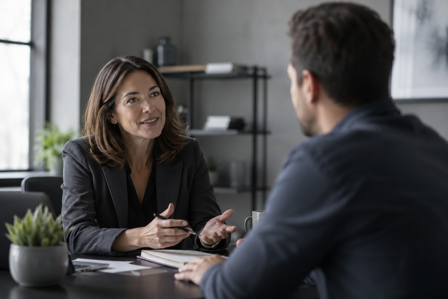 A Silverback Management advisor in conversation with a small-business owner