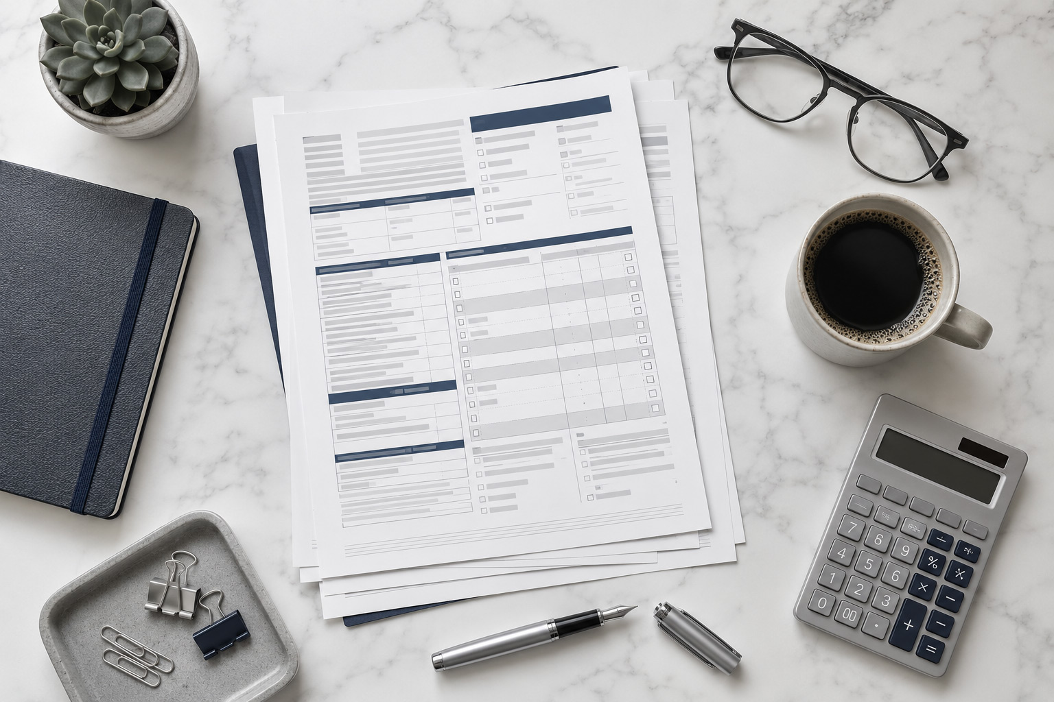 A tidy desk with tax documents, calculator and stationery
