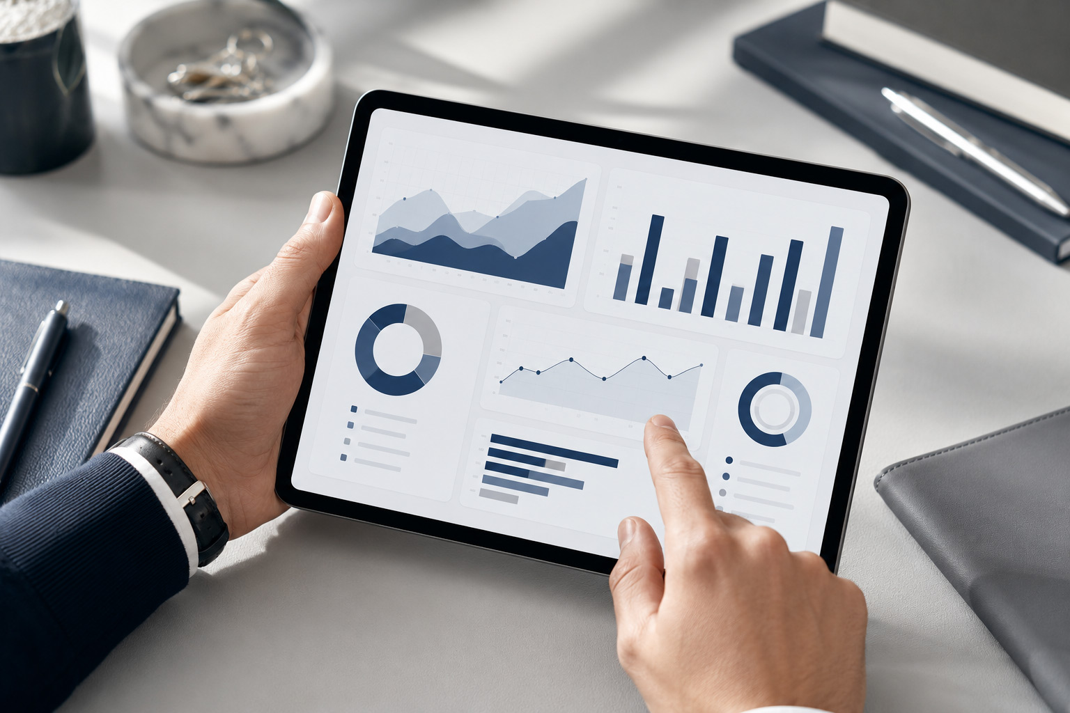 Clean financial dashboards and reports on a tablet